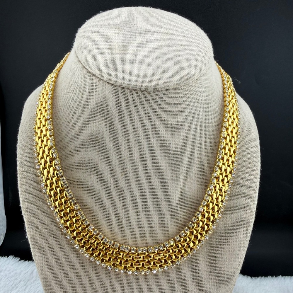 Vintage KJL Necklace Egyptian Revival Gold Tone Rhinestone Wide Mesh Collar 17n